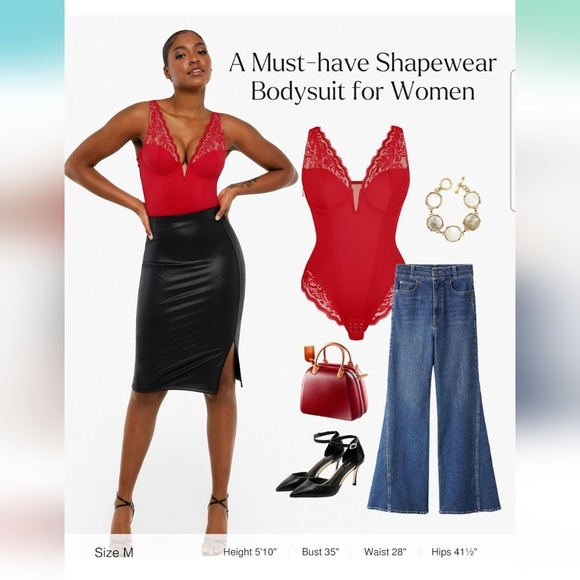 Popilush Red Lace V Neck Corset Shapewear Tummy Control Bodysuit Size 3XL - Picture 3 of 11